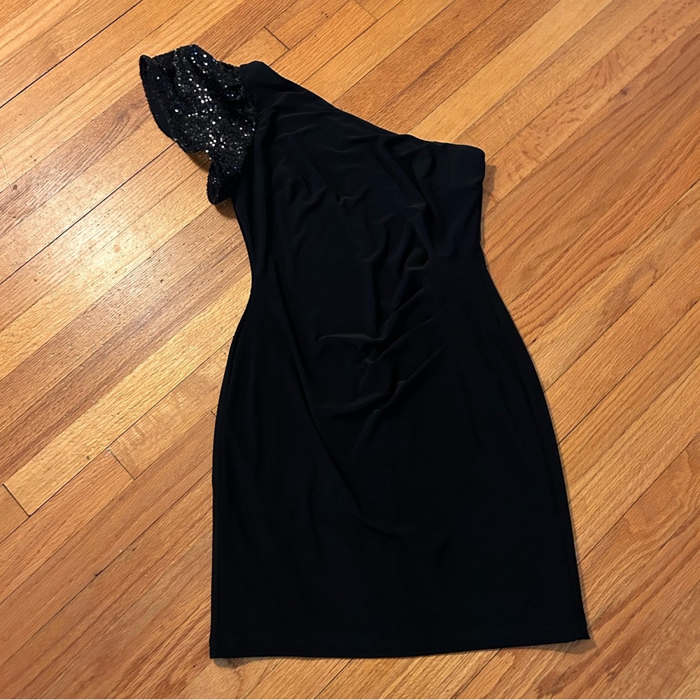 Ralph Lauren one shoulder stretchy black dress. Size 6.